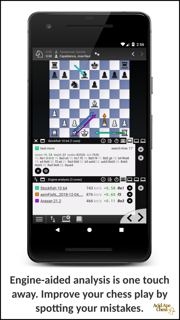 Engine-aided analysis is one touch away. Improve your chess play by spotting your mistakes.