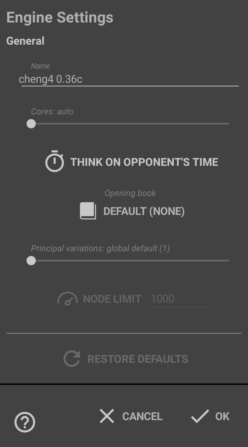 The engine settings dialog